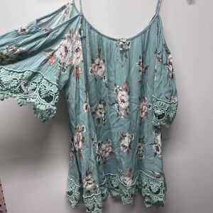 Altar'd State Floral Lace Cold Shoulder Blouse - Teal and Pink